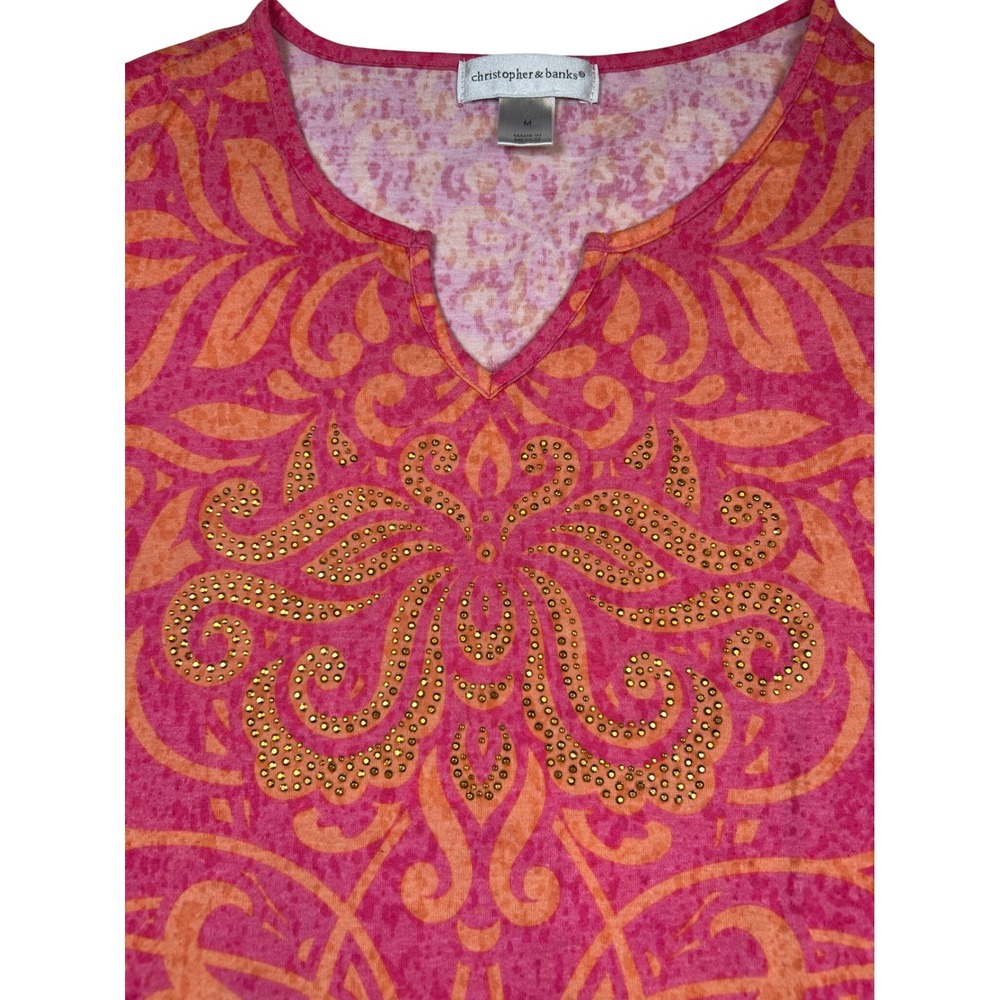 Christopher & Banks Womens Pink Orange Paisley Studded Split Neck Top Medium‎